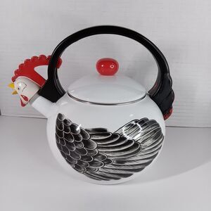 M Kamenstein Chicken Rooster Whistling Kettle Tea Pot Enamel Vtg Farmhouse 1986